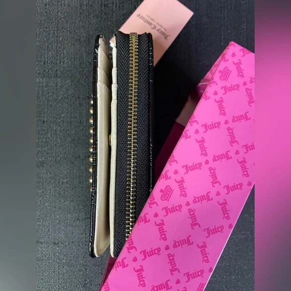 Juicy Couture Black Faux Leather Gold Bifold Beaded Heart Wallet Zipper NEW NWT - Picture 11 of 14